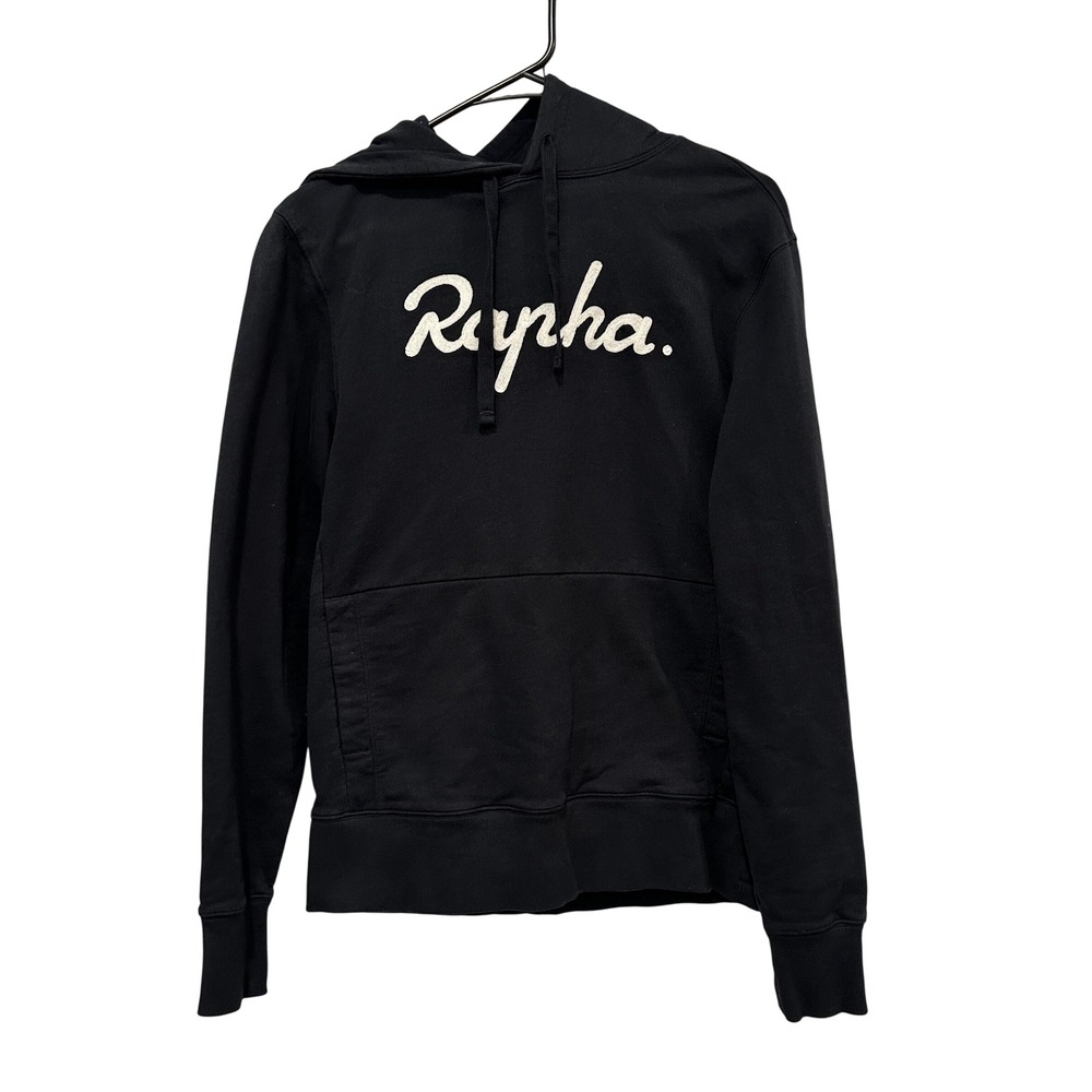 Rapha Mens Logo Cycling Pullover Hoodie Black White Script Embroidered Small